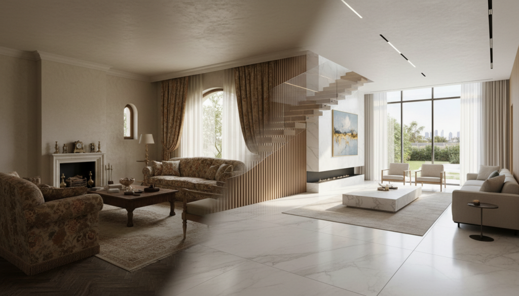 Before and after transformation of a luxury villa renovation in DHA Lahore