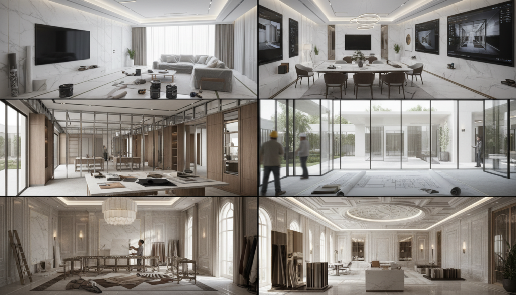 Architectural visualization comparing apartment, villa, and ultra-luxury villa interior design timelines in Lahore with staged renovation progress
