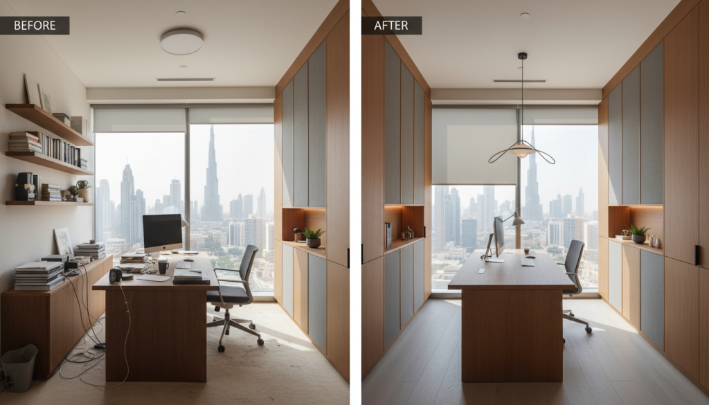Before and after transformation of a Lahore home office showing improved layout, lighting and storage