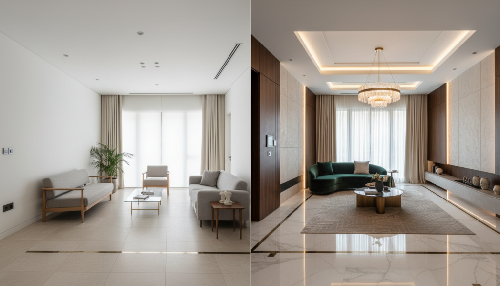 Interior design transformation in Lahore showing differences between small-scale and full-service projects.