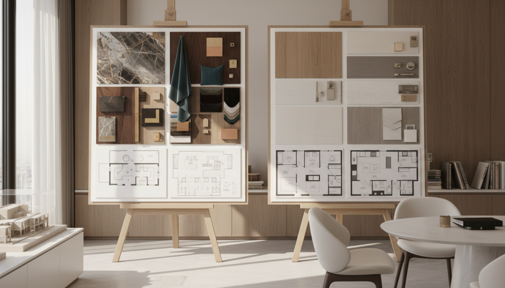 Interior design decision-making setup in Lahore comparing luxury and mid-range options.