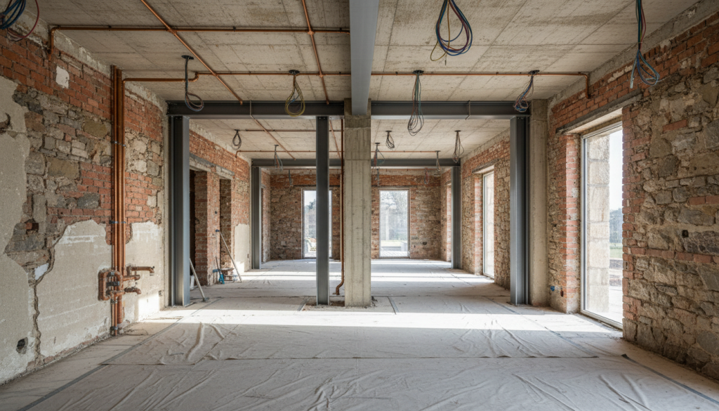 Luxury Lahore villa interior under renovation showing exposed structural and electrical systems