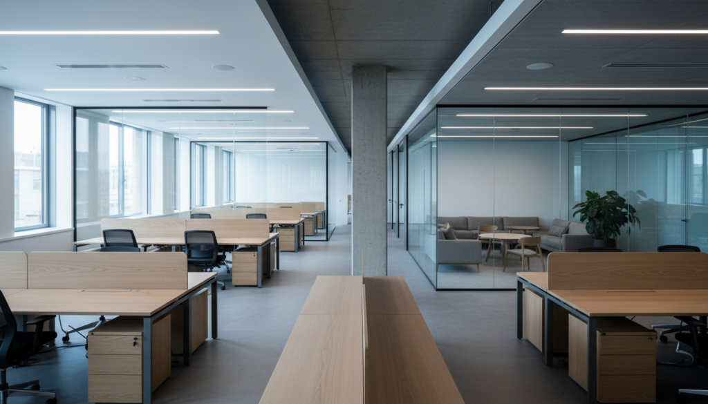Modern commercial office interior in Lahore showing layout and lighting design flaws that impact functionality and workflow efficiency