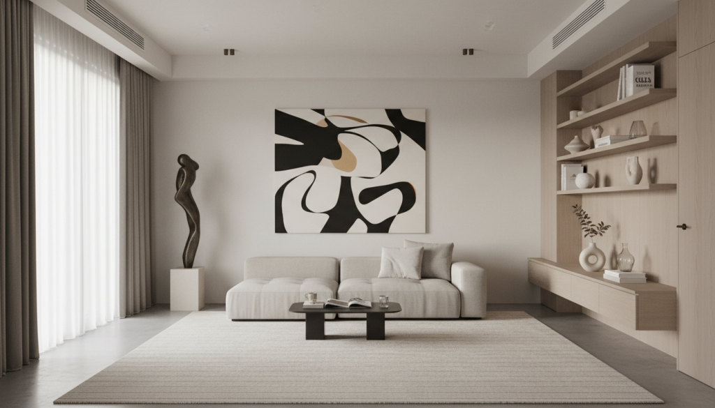 Minimal apartment interior with curated decor, artwork, and elegant accessories in balanced design.