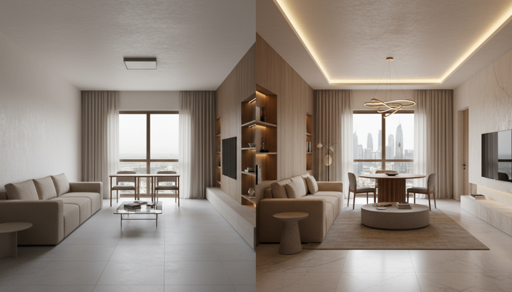 Minimal luxury apartment interior emphasizing balance, space, and calm design aesthetics. Transform Lahore Apartment Into a Luxury Haven