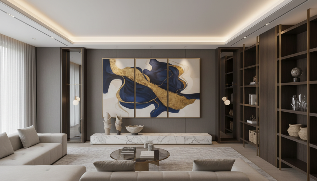 Minimal luxury Lahore interior featuring curated art piece and refined decorative elements