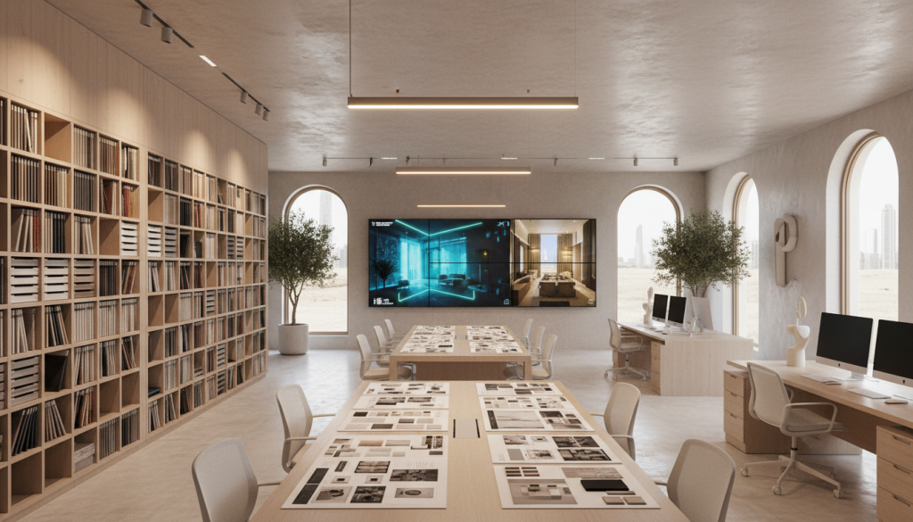 Professional interior design firm studio in Lahore with structured workspace and project displays.
