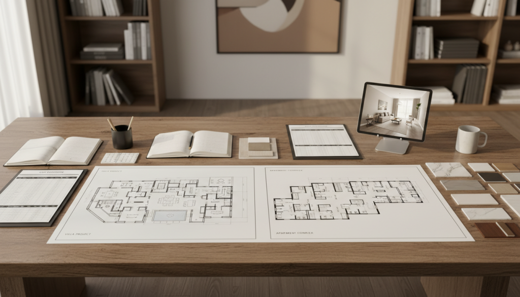 Interior design cost estimation workspace showing planning for apartment and villa projects in Lahore.