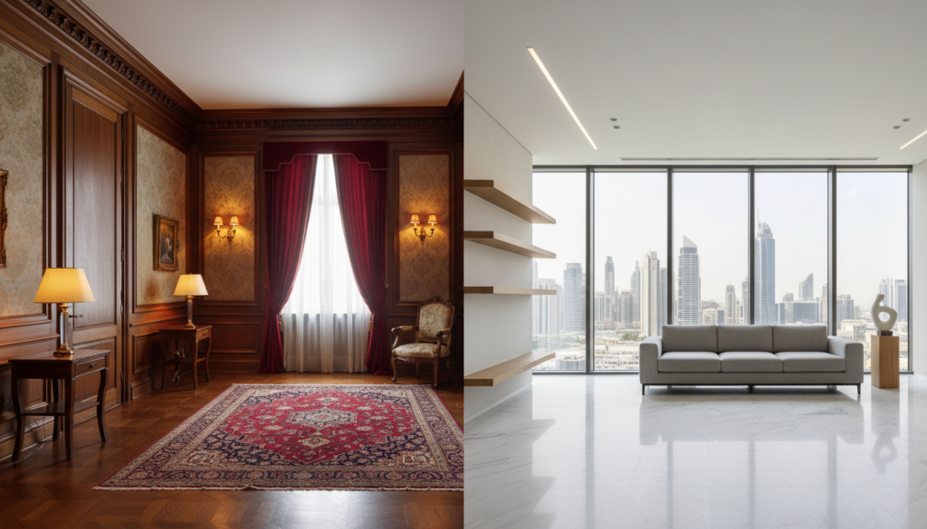 Side-by-side comparison of traditional and contemporary interior design styles in Lahore homes.