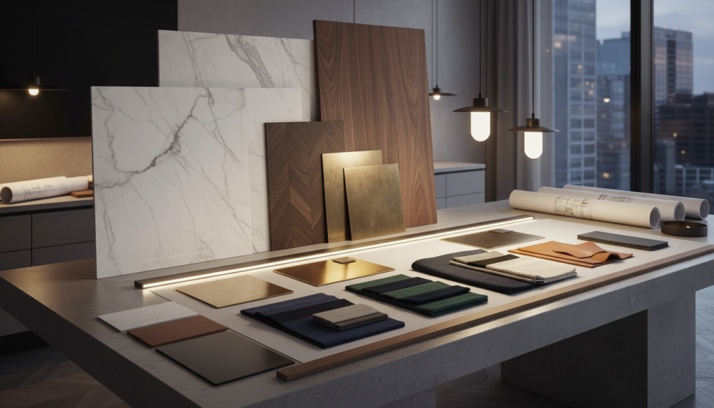 Luxury interior material samples and finishes representing cost components in Lahore interior design budgeting