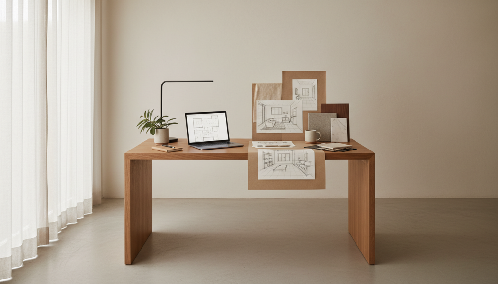 Independent interior designer workspace in Lahore with sketches and material samples.