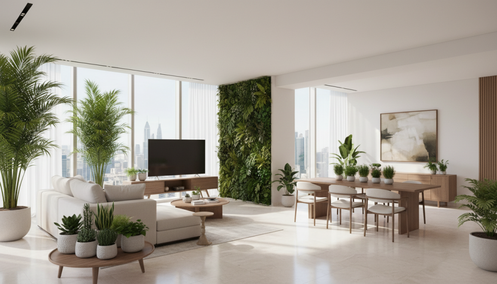 Bright interior space with indoor plants and vertical garden showing biophilic design in a Lahore apartment
