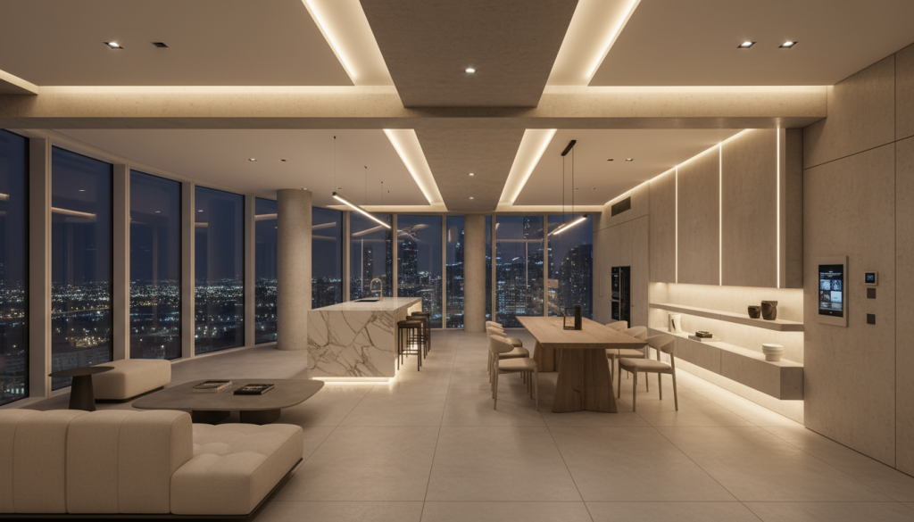 Modern interior showing layered lighting and smart home integration in a Lahore apartment.