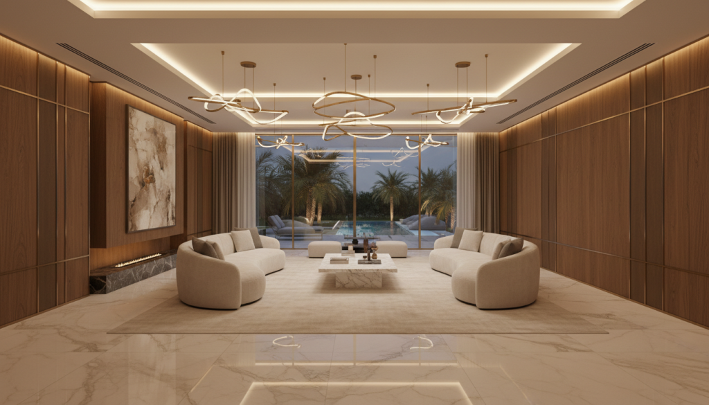 Luxury villa interior in Lahore showcasing premium materials and high-end design features.