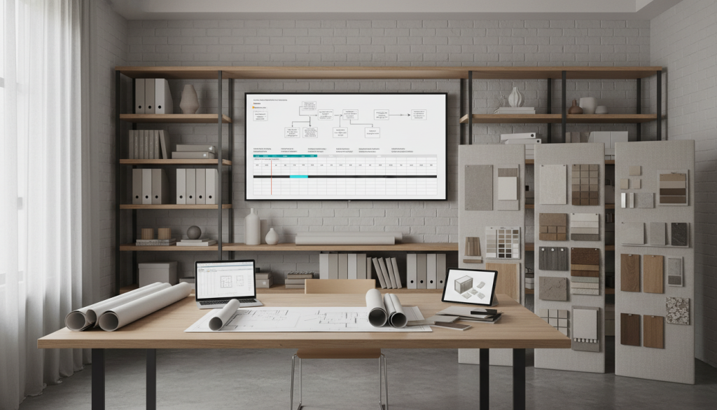 Interior design project planning workspace in Lahore showing timelines and execution process.