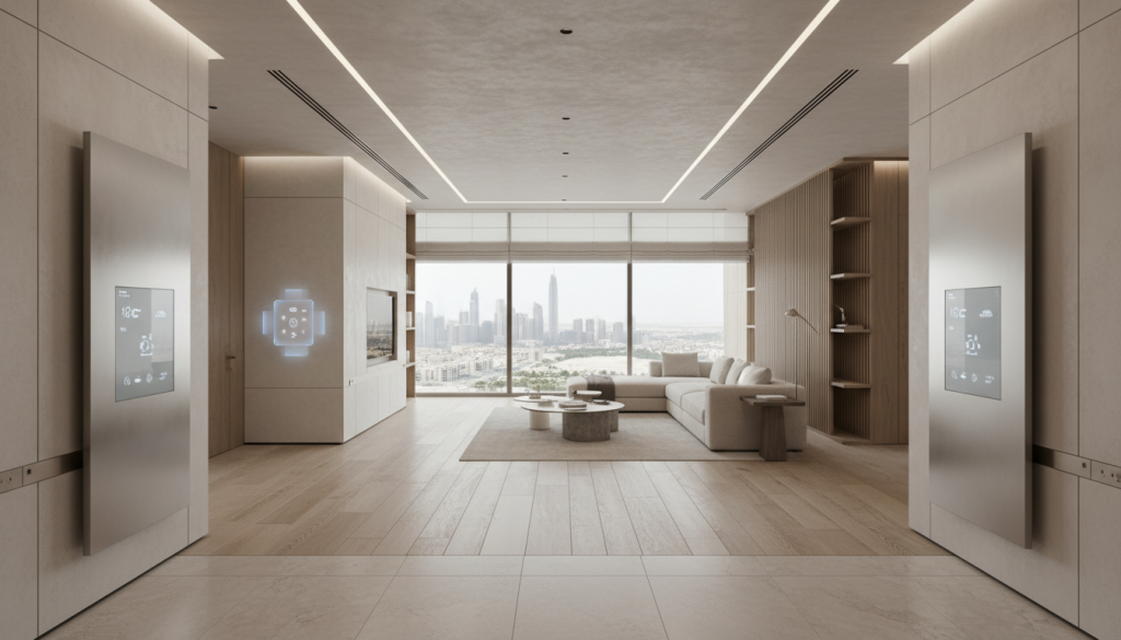 Sustainable minimalist interior in Lahore showing smart home features and eco-friendly materials