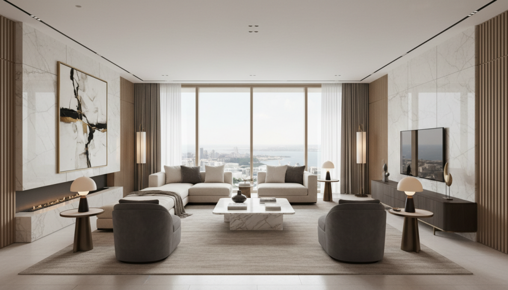Modern Lahore living room showing balanced luxury furniture layout and elegant interior design, top luxury furniture brands in Lahore