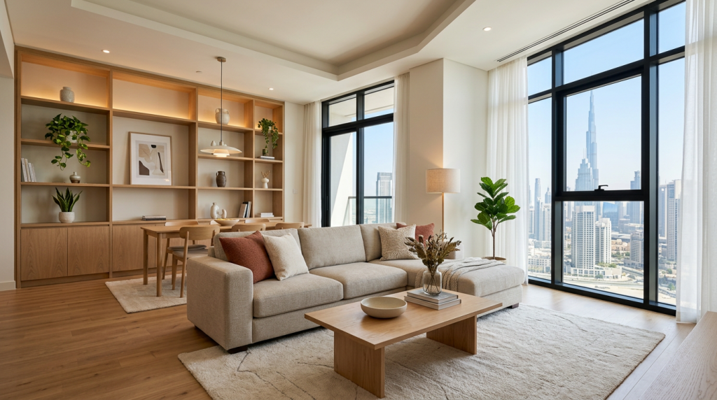 Modern Dubai apartment interior showcasing affordable furniture styled with premium minimalist design and natural lighting