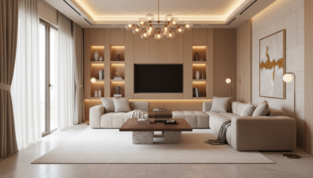 Lahore living room where affordable furniture looks premium through layered lighting and textures