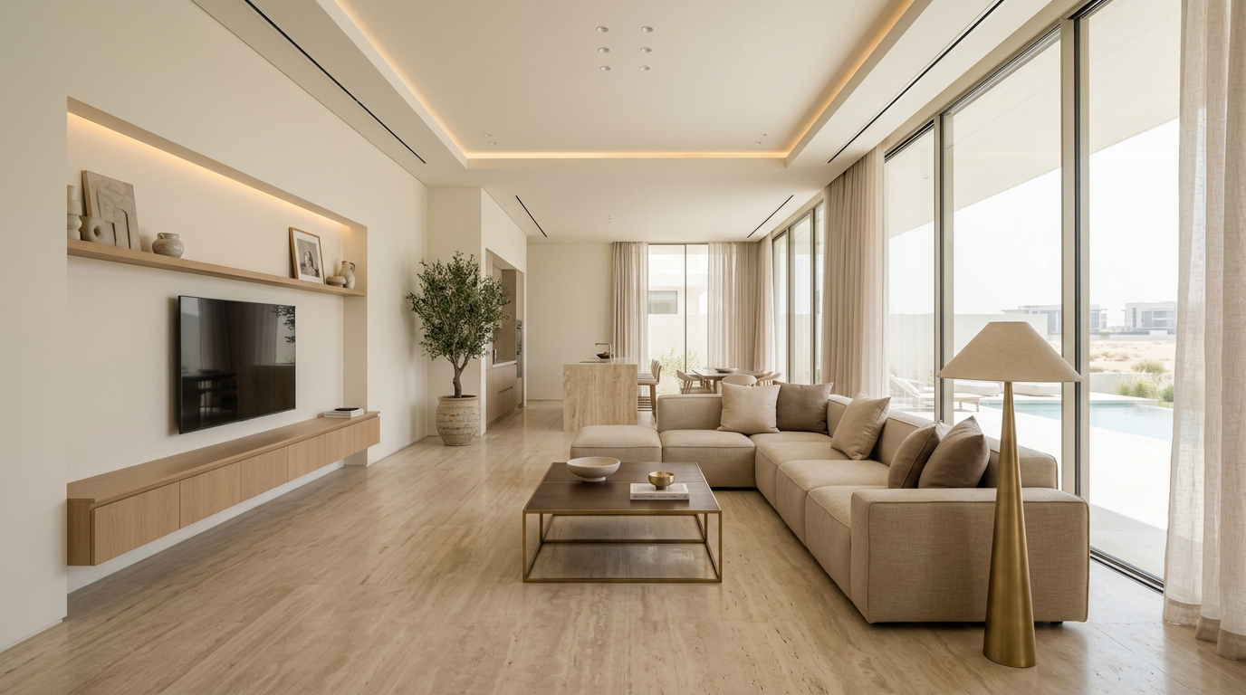 Modern Dubai villa interior showcasing affordable luxury design with minimalist layout, warm neutral tones, and soft layered lighting