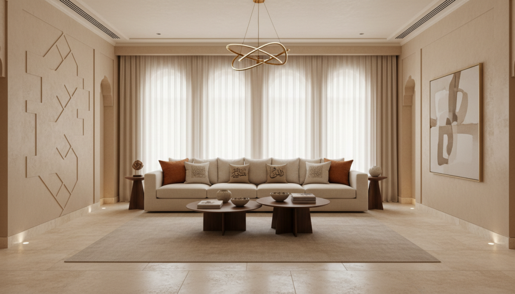Warm Arabian-inspired modern interior in Lahore with neutral tones, textured walls, and inviting living space, Arabian interior design Lahore
