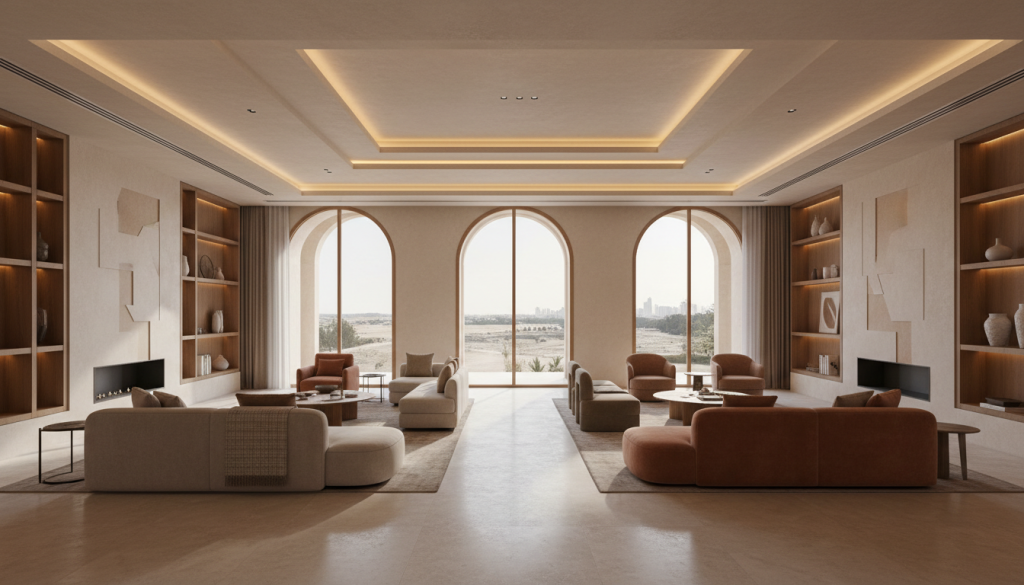Modern Dubai villa interior with Arabian-inspired design, warm tones, stone textures, and elegant architectural details