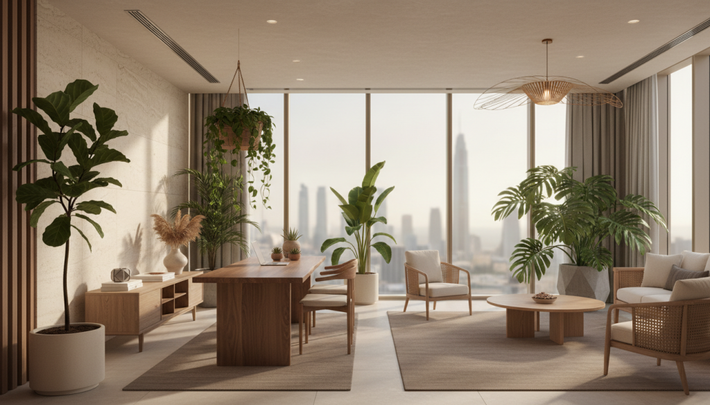 Calm modern Lahore interior showing biophilic design benefits with natural light, plants, and sustainable materials