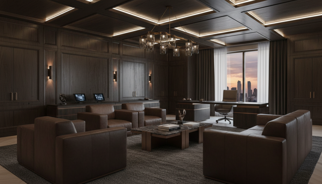 Luxury interior with dark wood and leather furniture in a refined modern Lahore space