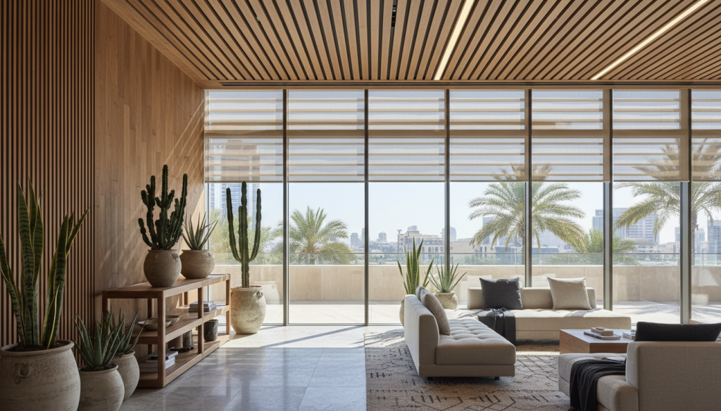 Modern interior showing sunlight control and clean-air solutions in biophilic design for Lahore climate