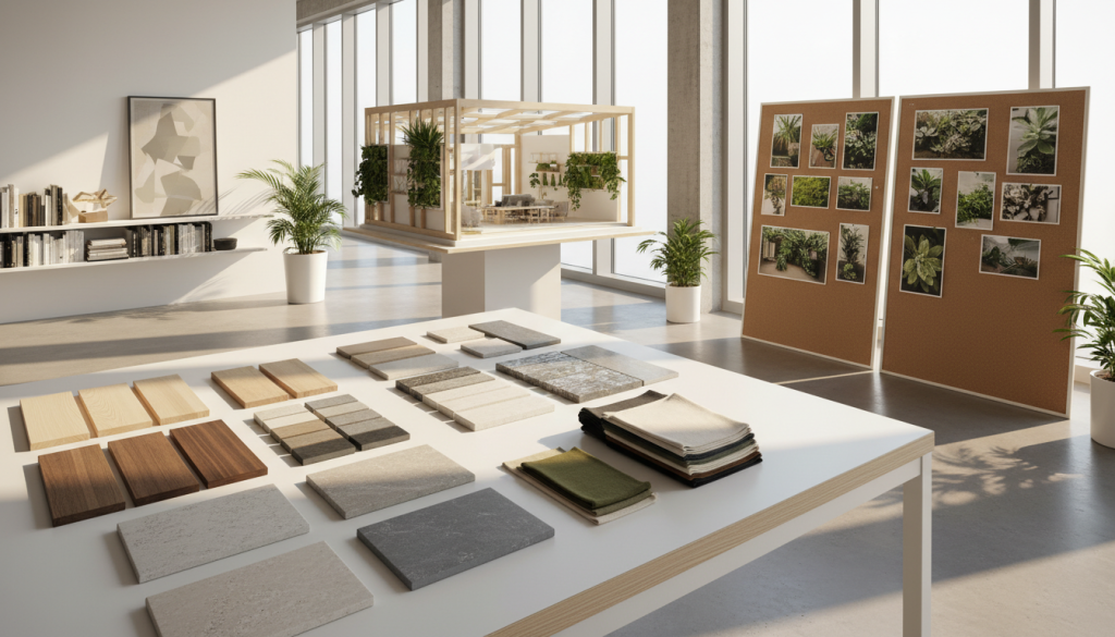 Interior design planning setup with materials and samples for a biophilic design concept in Lahore