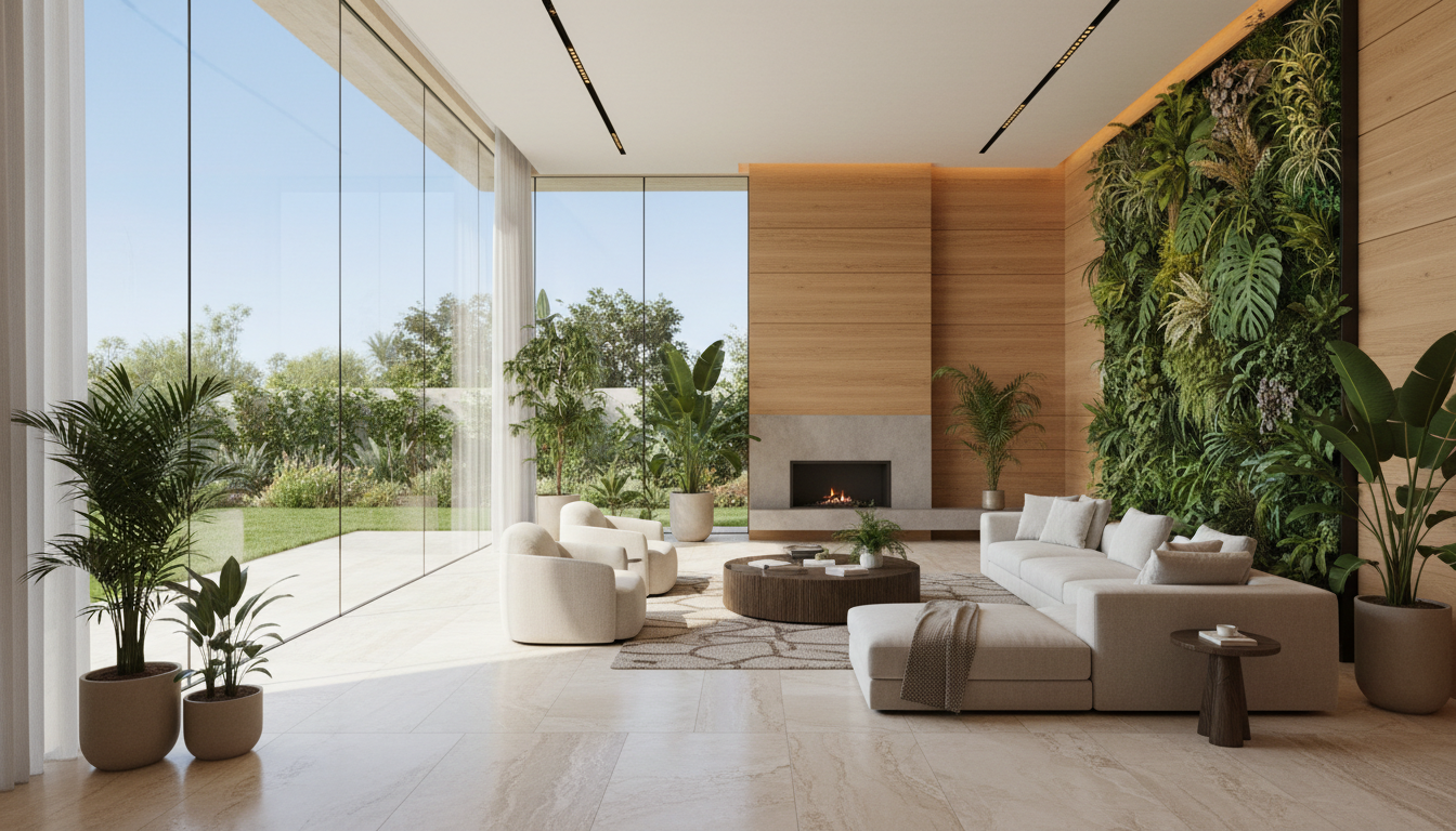 Luxury Dubai living room featuring biophilic design with natural light, indoor plants, wood and stone finishes, and modern open-plan architecture