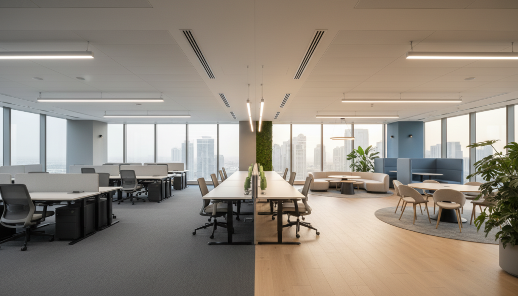 Modern MM Alam Road office redesigned with warm neutrals, green accents, and blue focus zones improving energy, focus, and employee productivity