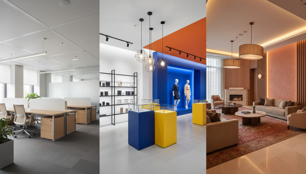 Comparison of commercial interior color strategies showing corporate office, retail store, and hospitality space designs in Lahore.