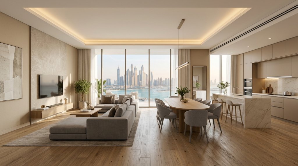 Modern contemporary luxury apartment interior in Dubai with open layout, neutral tones, and natural lighting.