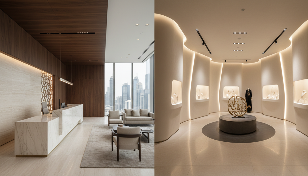 Culturally aware office and retail interior design in Lahore showing prestige reception spaces and experiential retail environments