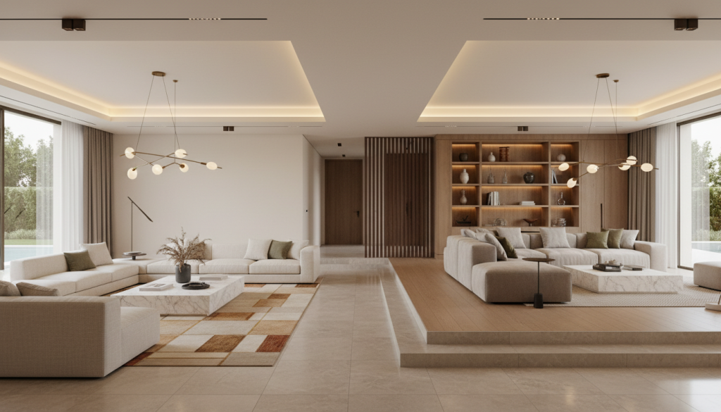 Lahore villa interior showing separate guest drawing room and private family zones with culturally aware layout