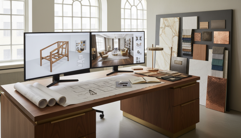 Luxury design studio workspace showing materials, furniture planning, and the custom furniture design process