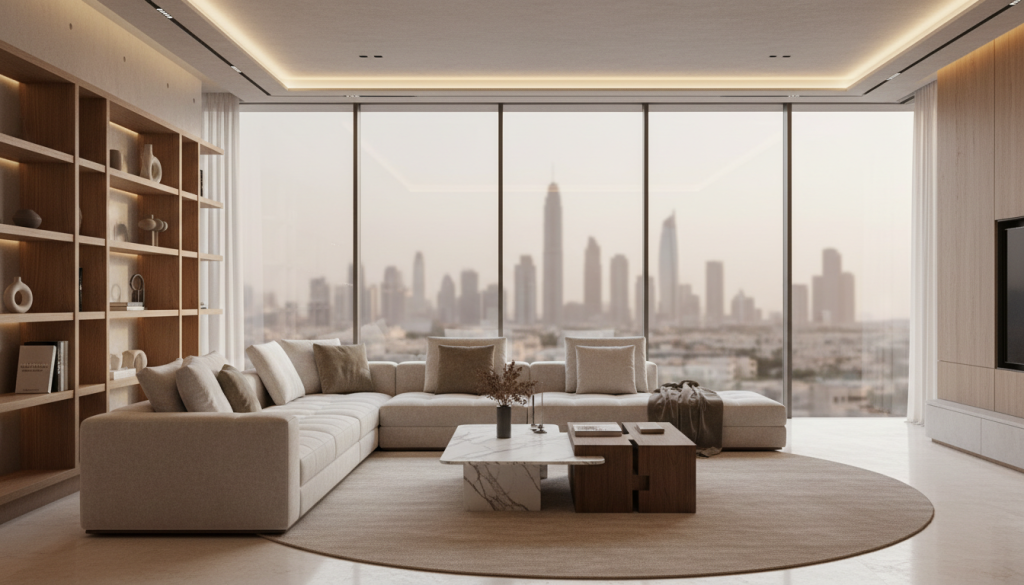 Luxury Dubai living room with bespoke custom furniture, modern villa interior with warm neutral tones and floor-to-ceiling windows