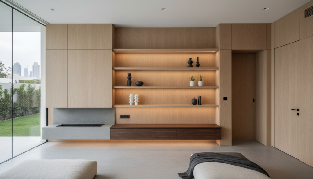 Luxury Lahore villa interior showcasing custom joinery and seamless built-in storage design