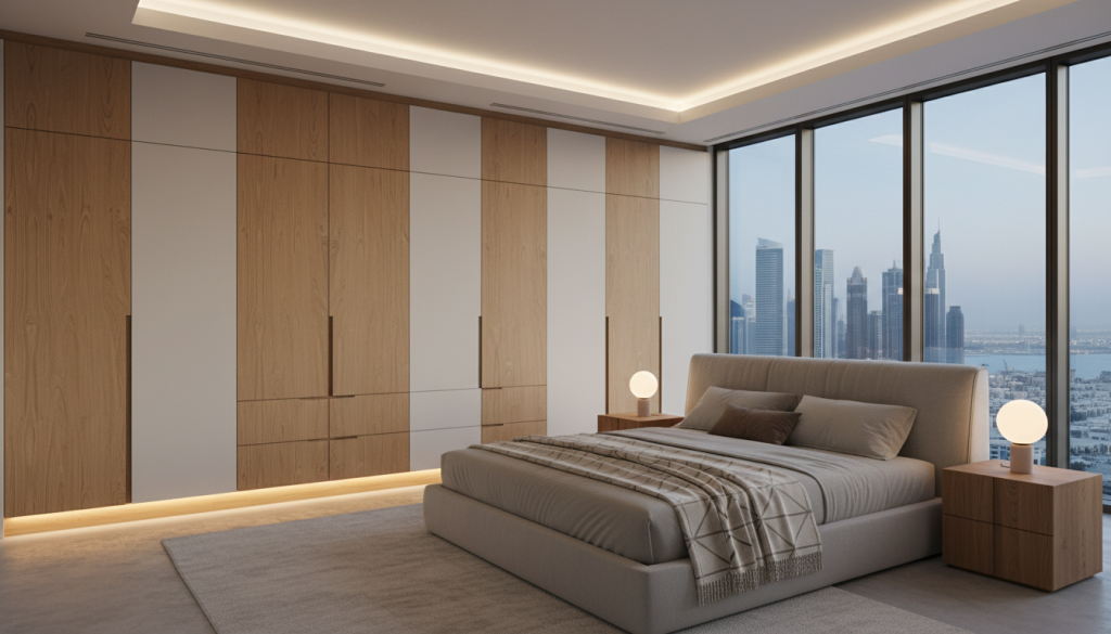 Bedroom with custom built-in wardrobes and seamless storage solutions in Lahore