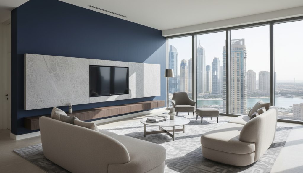 Modern Lahore apartment interior with deep navy feature wall and neutral furnishings