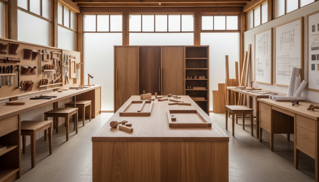 Bespoke furniture craftsmanship workshop showing luxury woodwork and custom joinery production
