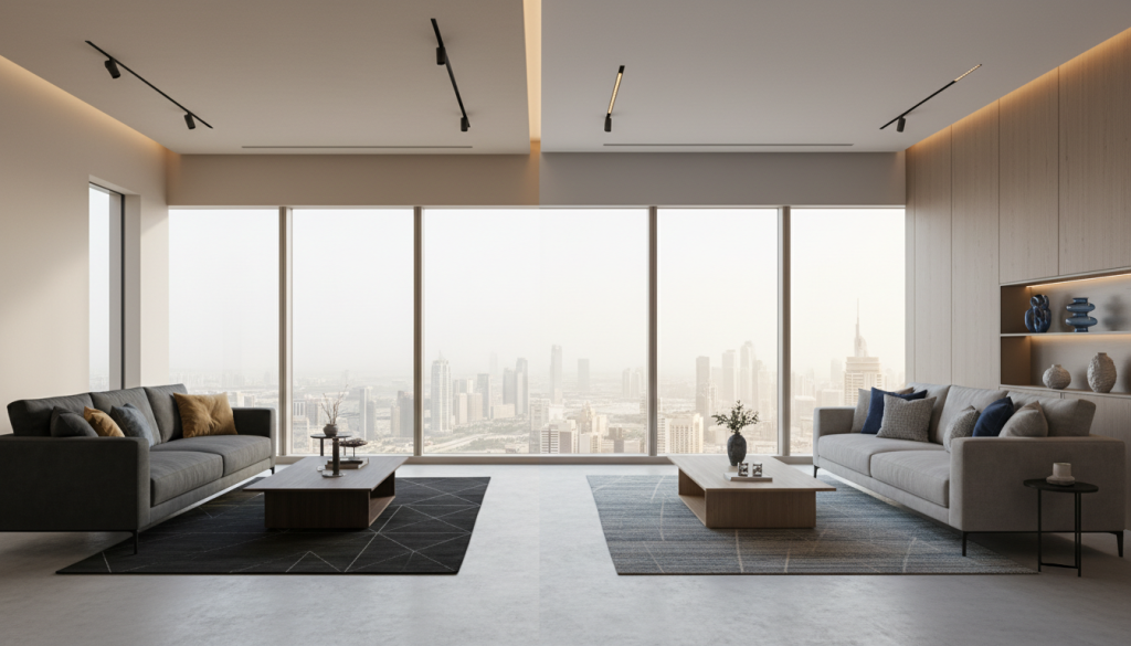 Modern Gulberg Lahore apartment interior showing color palette correction with cohesive neutral tones, warm lighting, and balanced design elements