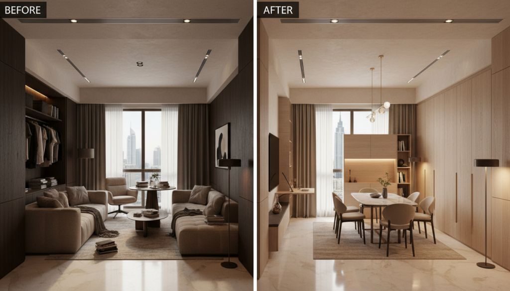 Before and after transformation of a Gulberg Lahore apartment showing functional furniture and lighting redesign for better space usage