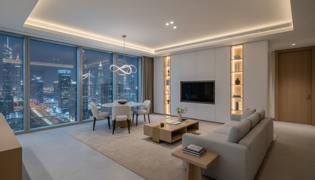 Redesigned Lahore apartment interior with cohesive furniture and modern lighting