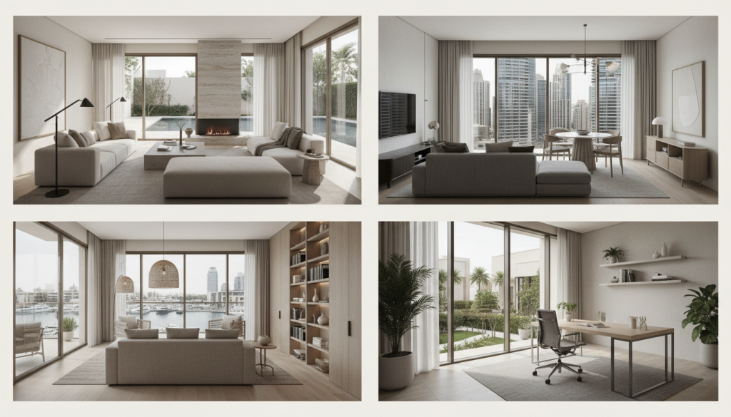 Collage of modern Lahore interiors showing affordable luxury design across villas, apartments and offices