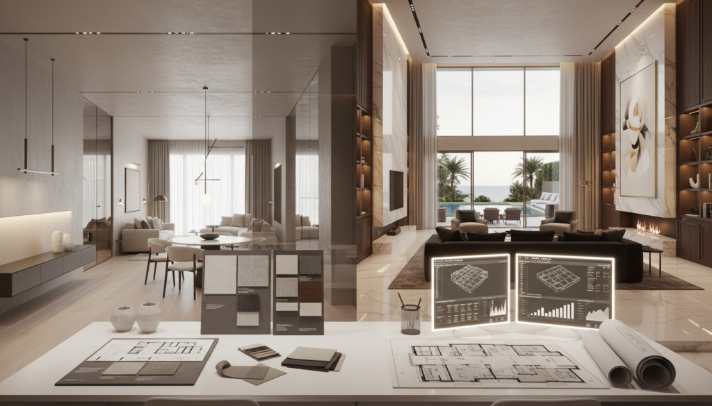 Split-view luxury interior design concept showing a Lahore apartment and villa renovation planning with material samples and furniture layouts