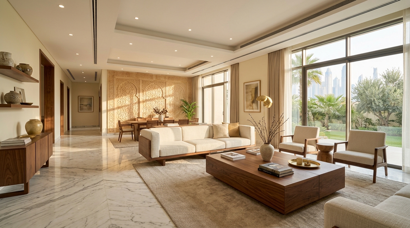 Modern Dubai luxury interior blending Middle Eastern, European, and Asian design influences in a cohesive villa living space