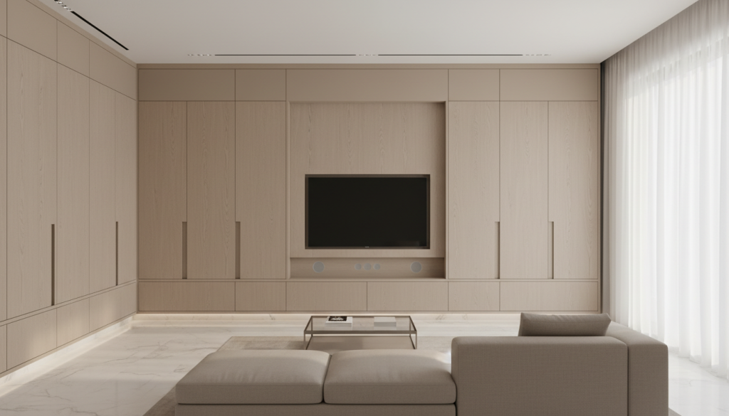 Lahore interior with custom joinery and built-in storage creating a clean, minimal and functional luxury space