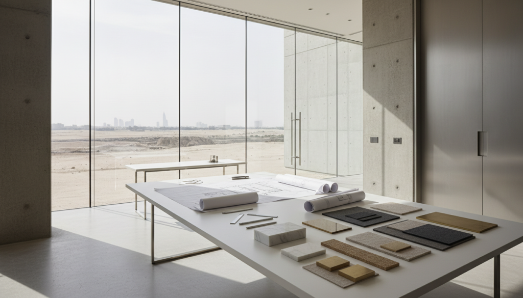 Interior design planning setup showing structured review of materials and budget decisions in Lahore